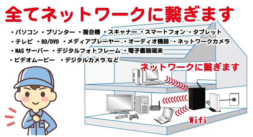 全てネットワークに繋ぎます
パソコン、プリンター、複合機、スキャナー、スマートフォン、タブレット端末、テレビ、BD/DVD、メディアプレイヤー、オーディオ機器、ネットワークカメラ、NASサーバー、デジタルフォトフレーム、電子書籍端末、ビデオムービー、デジタルカメラ、Wi-Fiなど